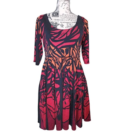Mara Hoffman Medium Abstract Silk Dress Orange Maroon Black 3/4 Sleeve Low Back - Picture 1 of 5